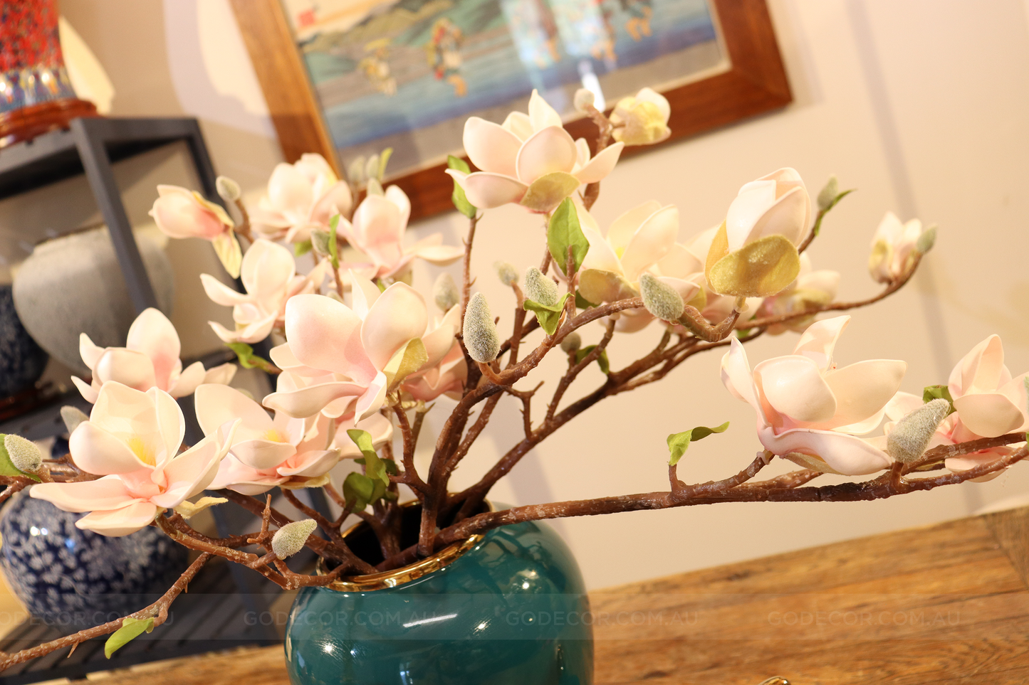 45CM Tall Artificial Flower Arrangement Realistic Magnolia In Dark Green Jar (ARAQ1)