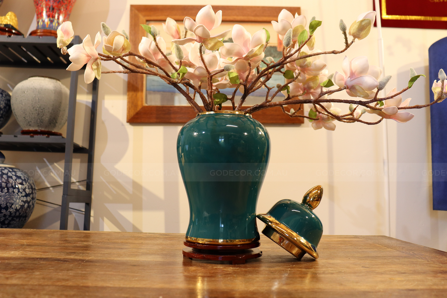 45CM Tall Artificial Flower Arrangement Realistic Magnolia In Dark Green Jar (ARAQ1)