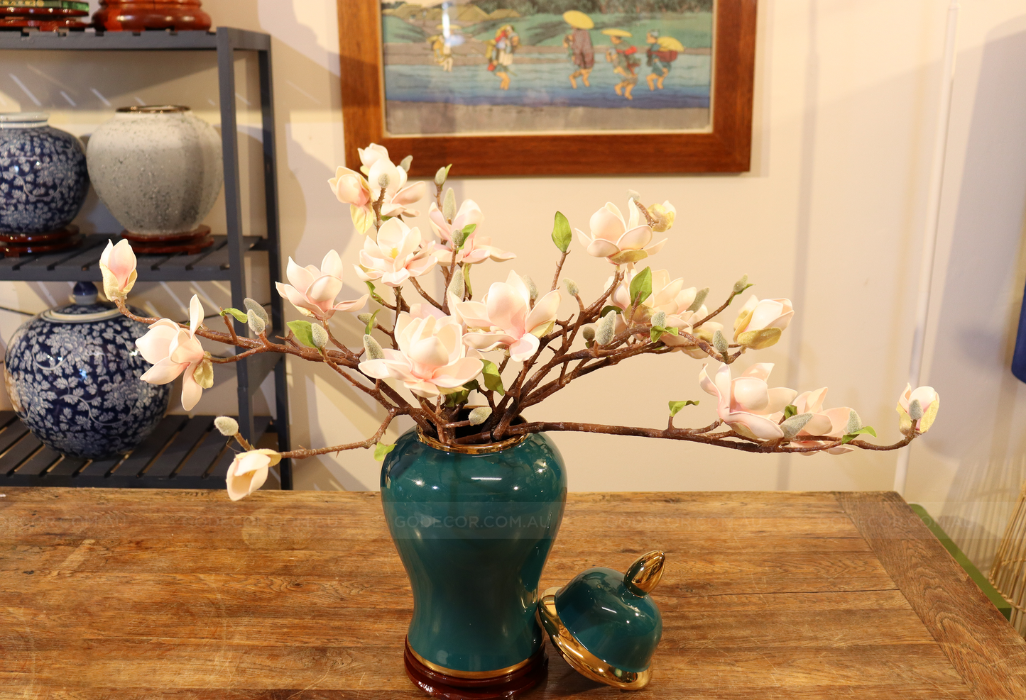 45CM Tall Artificial Flower Arrangement Realistic Magnolia In Dark Green Jar (ARAQ1)