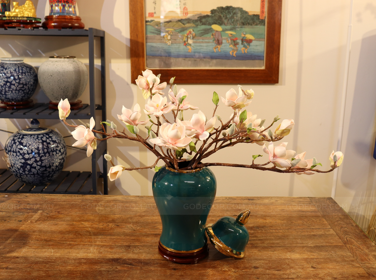 45CM Tall Artificial Flower Arrangement Realistic Magnolia In Dark Green Jar (ARAQ1)