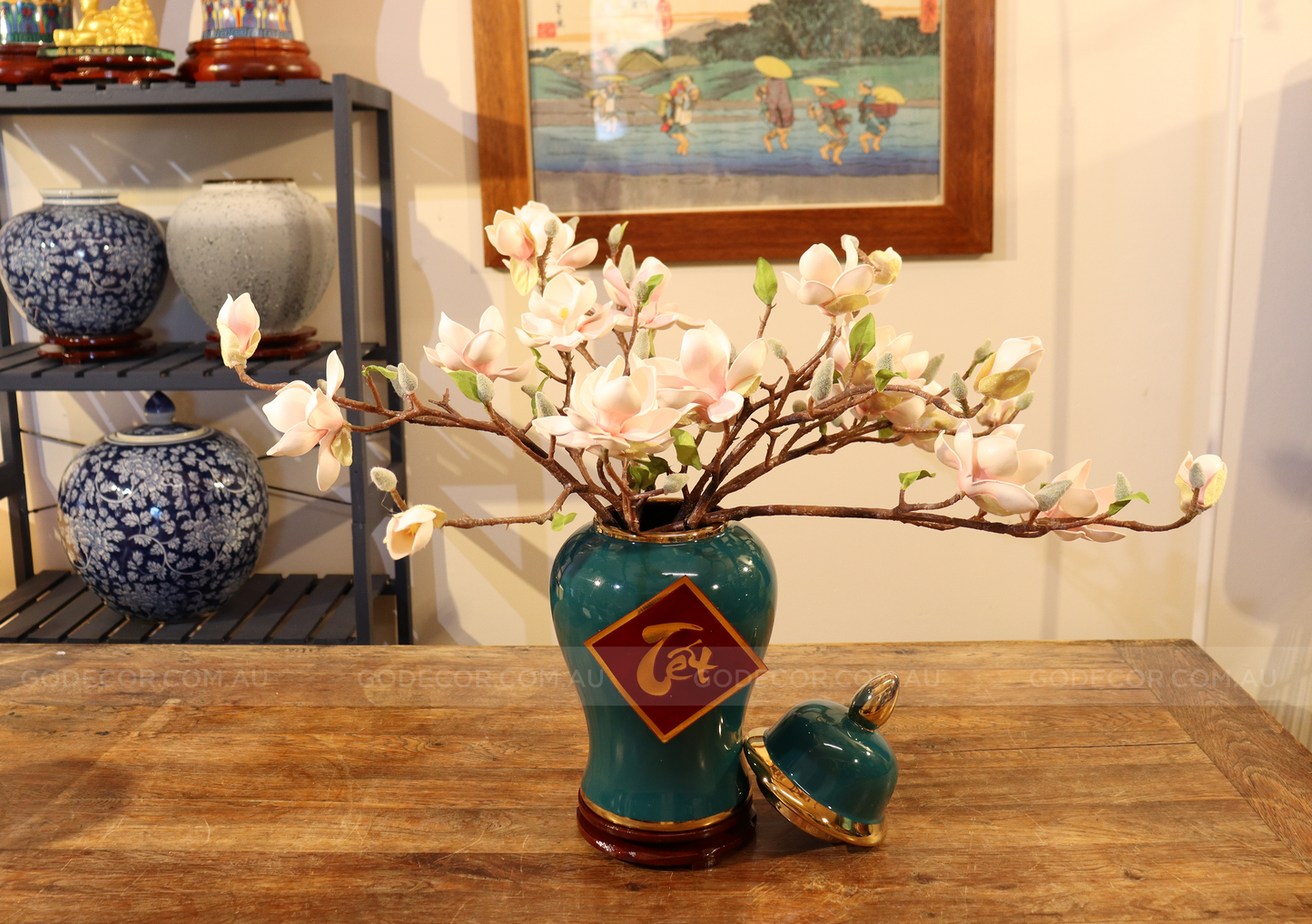 45CM Tall Artificial Flower Arrangement Realistic Magnolia In Dark Green Jar (ARAQ1)