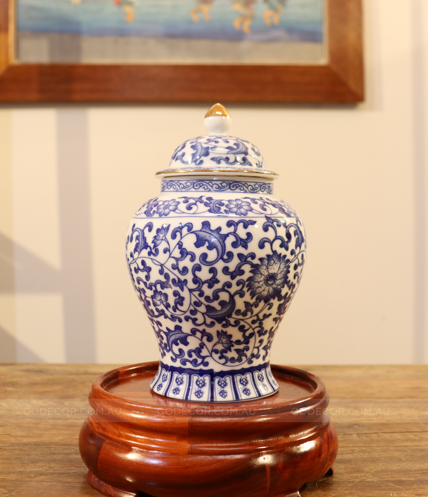 39cm Tall Artificial Flower Arrangement Realistic Lotus In BLue Lotus Pattern Jar (ARAR1)