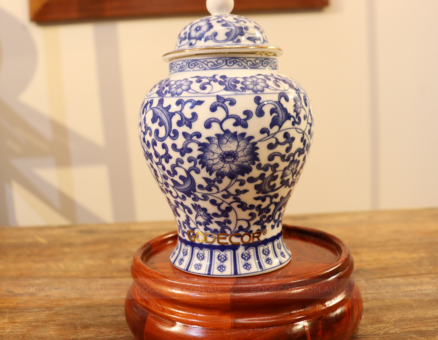 39cm Tall Artificial Flower Arrangement Realistic Lotus In BLue Lotus Pattern Jar (ARAR1)