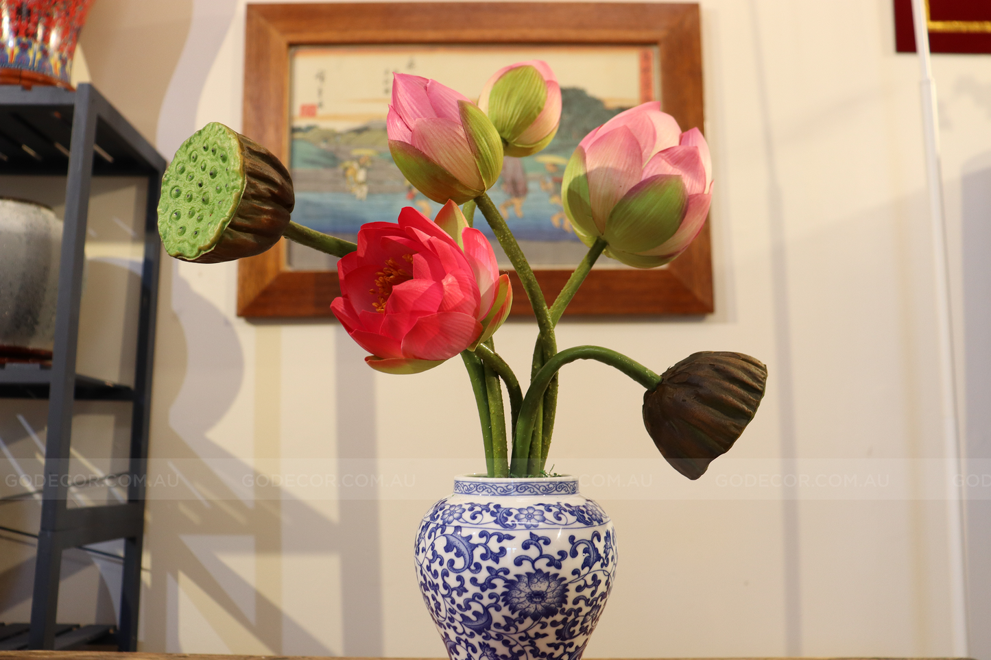 39cm Tall Artificial Flower Arrangement Realistic Lotus In BLue Lotus Pattern Jar (ARAR1)