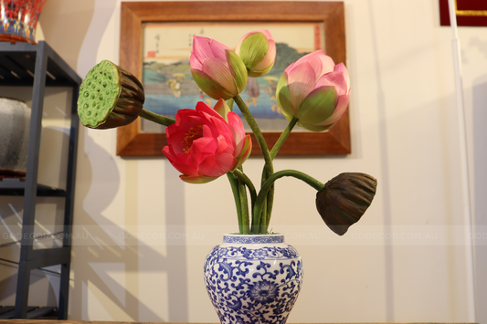 39cm Tall Artificial Flower Arrangement Realistic Lotus In BLue Lotus Pattern Jar (ARAR1)