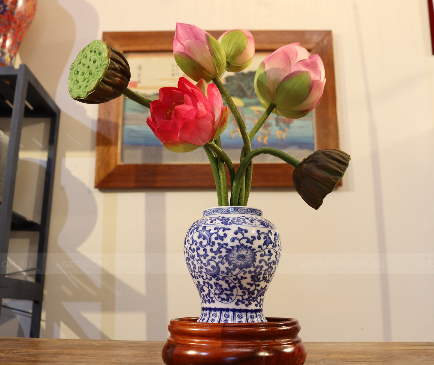 39cm Tall Artificial Flower Arrangement Realistic Lotus In BLue Lotus Pattern Jar (ARAR1)