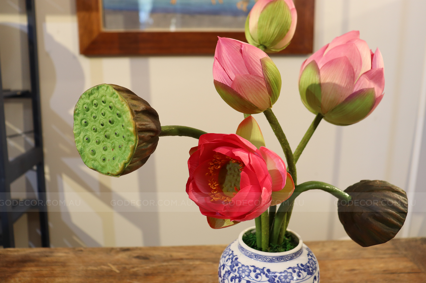 39cm Tall Artificial Flower Arrangement Realistic Lotus In BLue Lotus Pattern Jar (ARAR1)