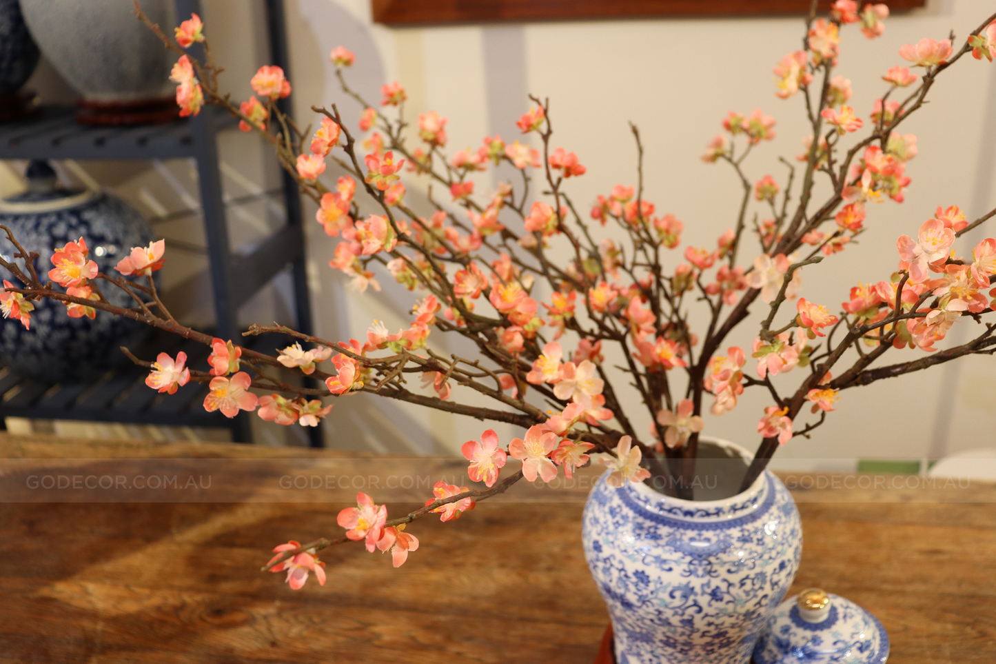 52CM Tall Artificial Flower Arrangement Plum Blossom In White & Blue Pattern Jar (ARAS1,2)