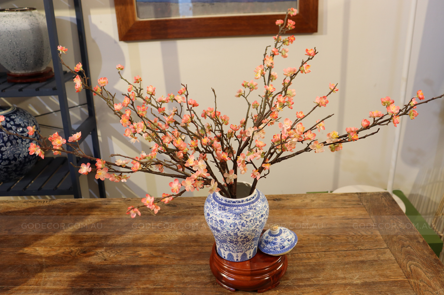 52CM Tall Artificial Flower Arrangement Plum Blossom In White & Blue Pattern Jar (ARAS1,2)