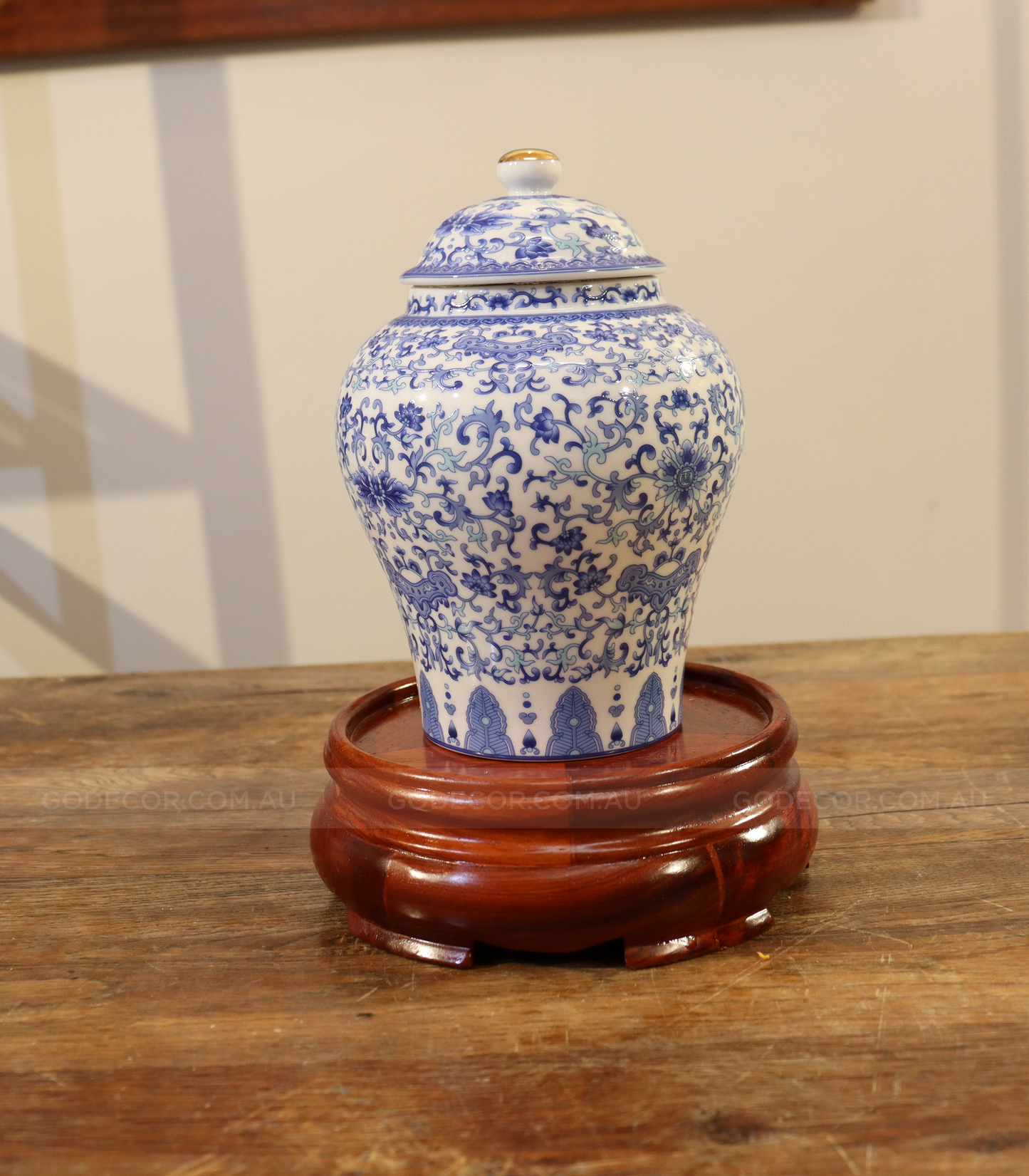 52CM Tall Artificial Flower Arrangement Plum Blossom In White & Blue Pattern Jar (ARAS1,2)