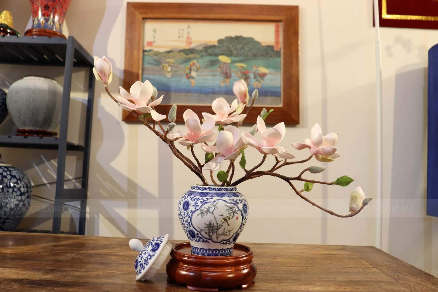 39CM Tall Artificial Flower Arrangement Realistic Magnolia In White & Blue Chinese Pattern Jar (ARAT1)