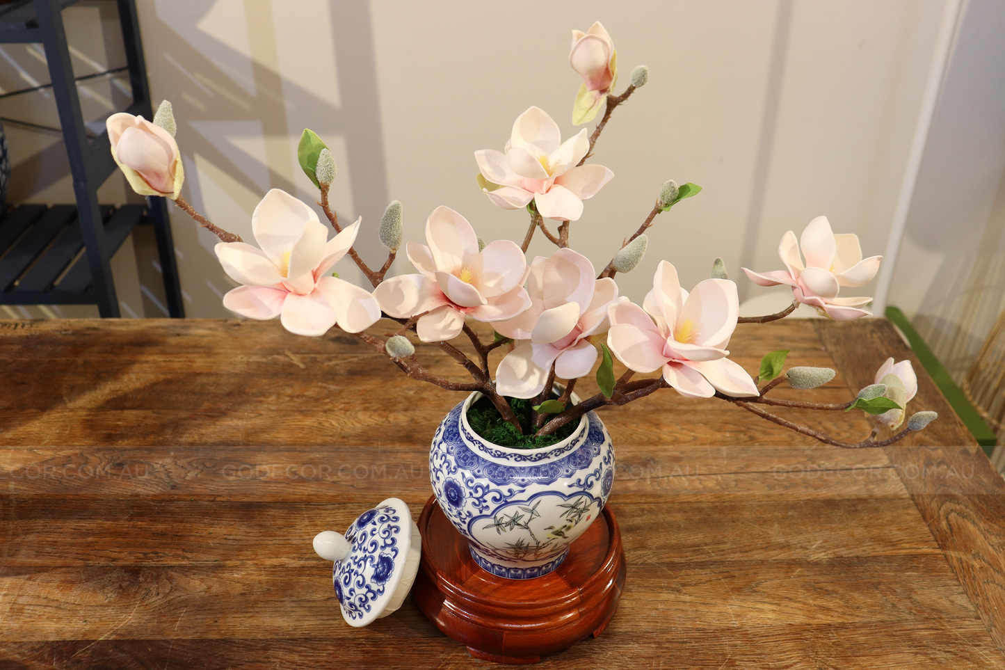 39CM Tall Artificial Flower Arrangement Realistic Magnolia In White & Blue Chinese Pattern Jar (ARAT1)