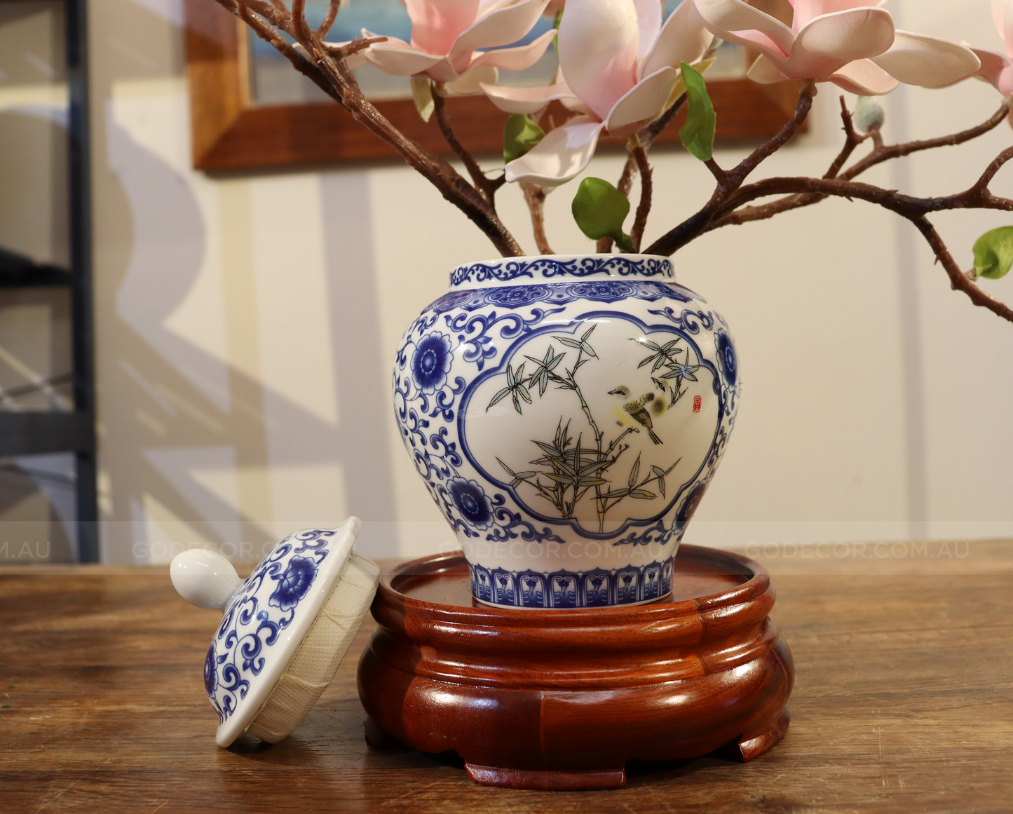 39CM Tall Artificial Flower Arrangement Realistic Magnolia In White & Blue Chinese Pattern Jar (ARAT1)
