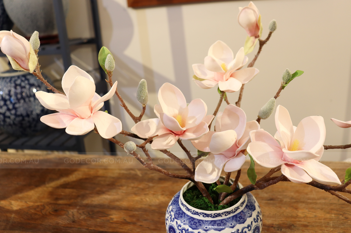 39CM Tall Artificial Flower Arrangement Realistic Magnolia In White & Blue Chinese Pattern Jar (ARAT1)