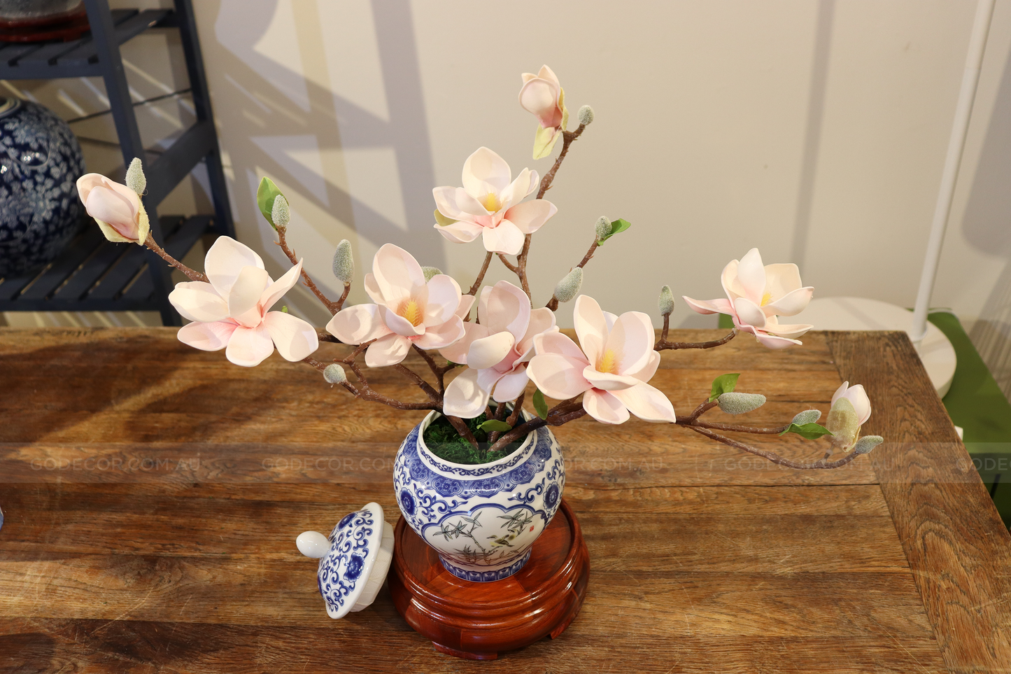 39CM Tall Artificial Flower Arrangement Realistic Magnolia In White & Blue Chinese Pattern Jar (ARAT1)