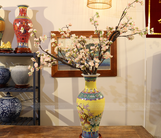 90CM Tall Artificial Flower Arrangement Plum Blossom In Yellow Chinese Pattern Vase (ARAU1)