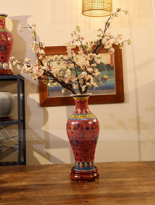 90CM Tall Artificial Flower Arrangement Plum Blossom In Red Chinese Pattern Vase (ARAV1)