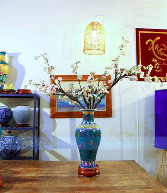 90CM Tall Artificial Flower Arrangement Plum Blossom In Green Chinese Pattern Vase (ARAW1)