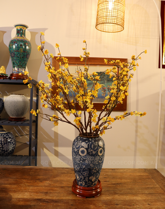 87CM Tall Artificial Flower Arrangement Yellow Apricot Flower In Blue & White Pattern Vase (ARAX1)