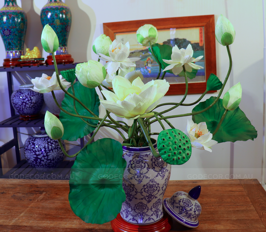 Extra Large Arrangement Artificial Flower Realistic Lotus In Blue & White Pattern Jar (ARCQ1)
