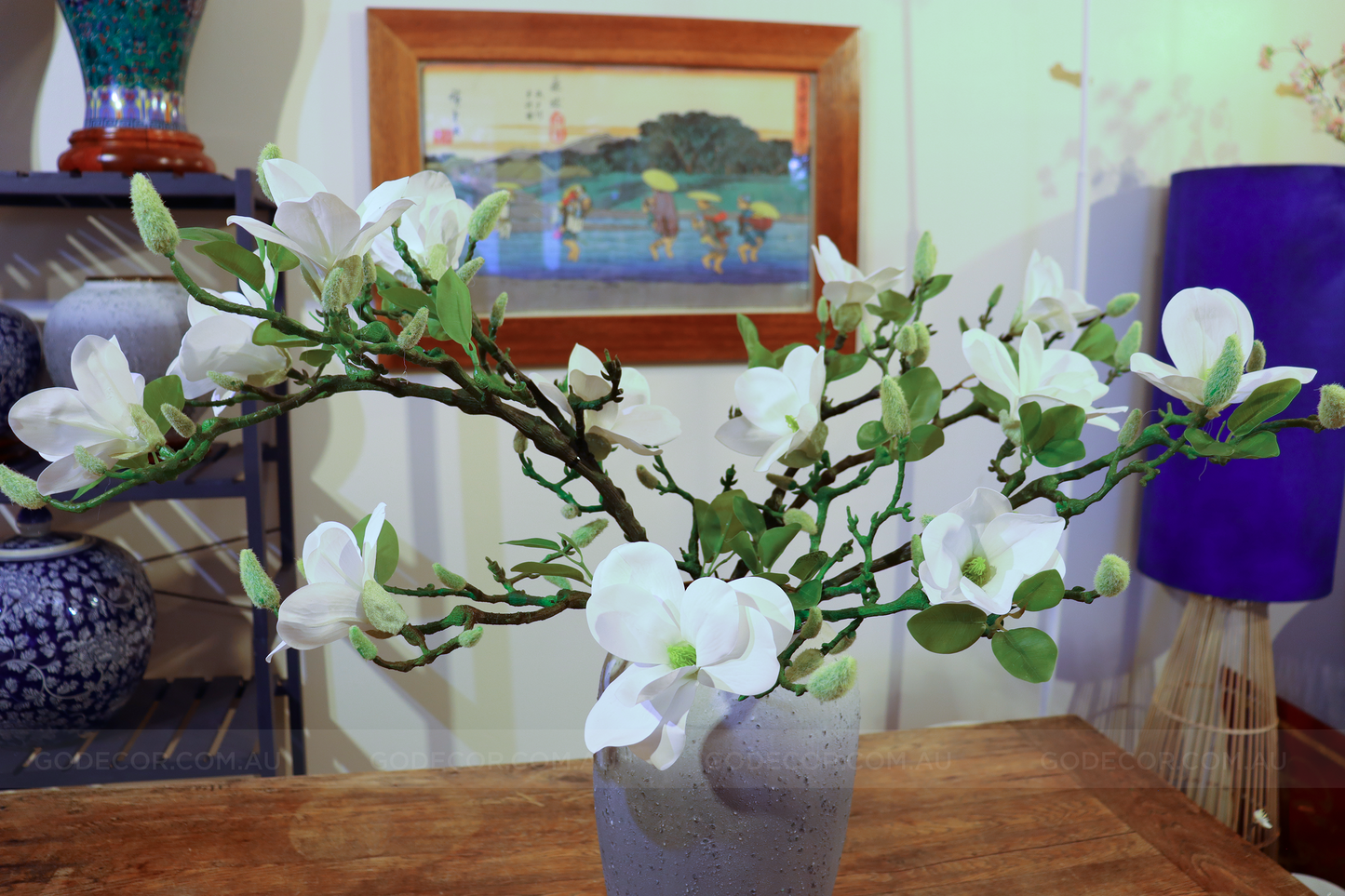 69CM Tall Artificial Flower Arrangement Realistic White Magnolia In Long Grey Ombre Vase (ARBB2)