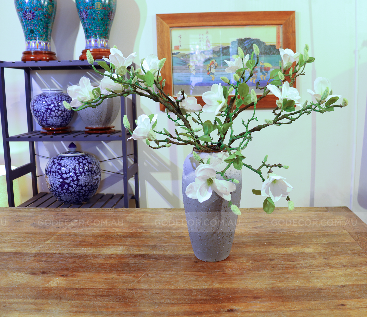 69CM Tall Artificial Flower Arrangement Realistic White Magnolia In Long Grey Ombre Vase (ARBB2)