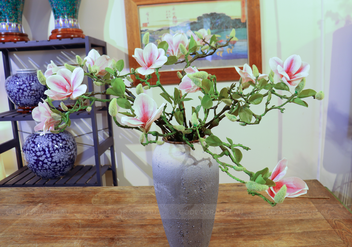 66CM Tall Artificial Flower Arrangement Realistic Magnolia In Grey Ombre Vase (ARBB1)