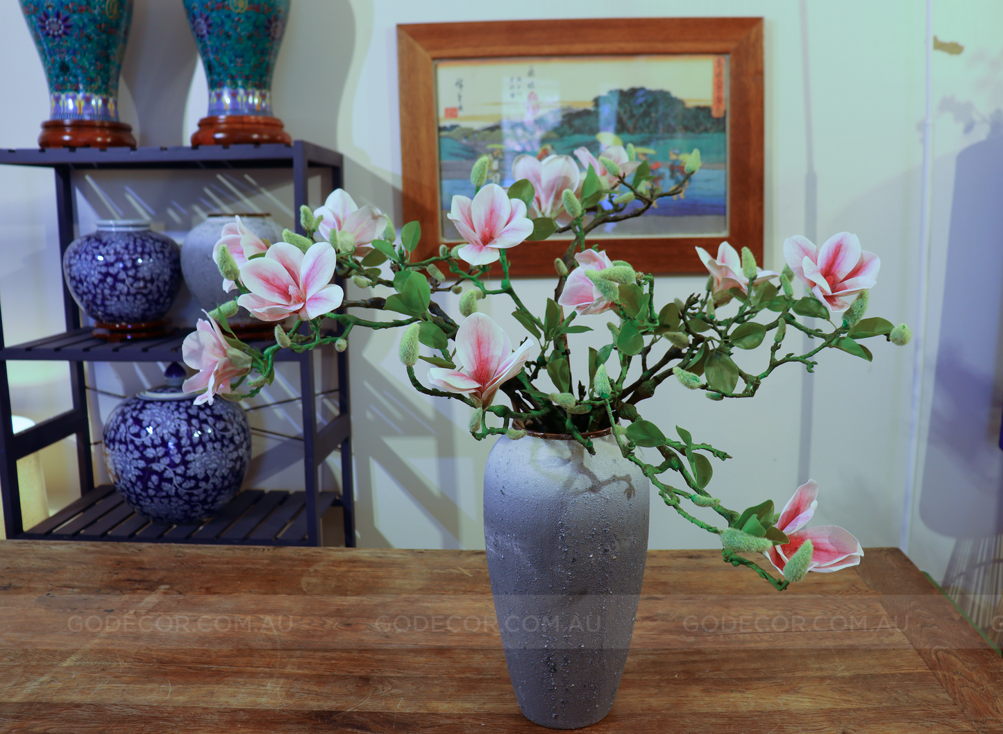 66CM Tall Artificial Flower Arrangement Realistic Magnolia In Grey Ombre Vase (ARBB1)