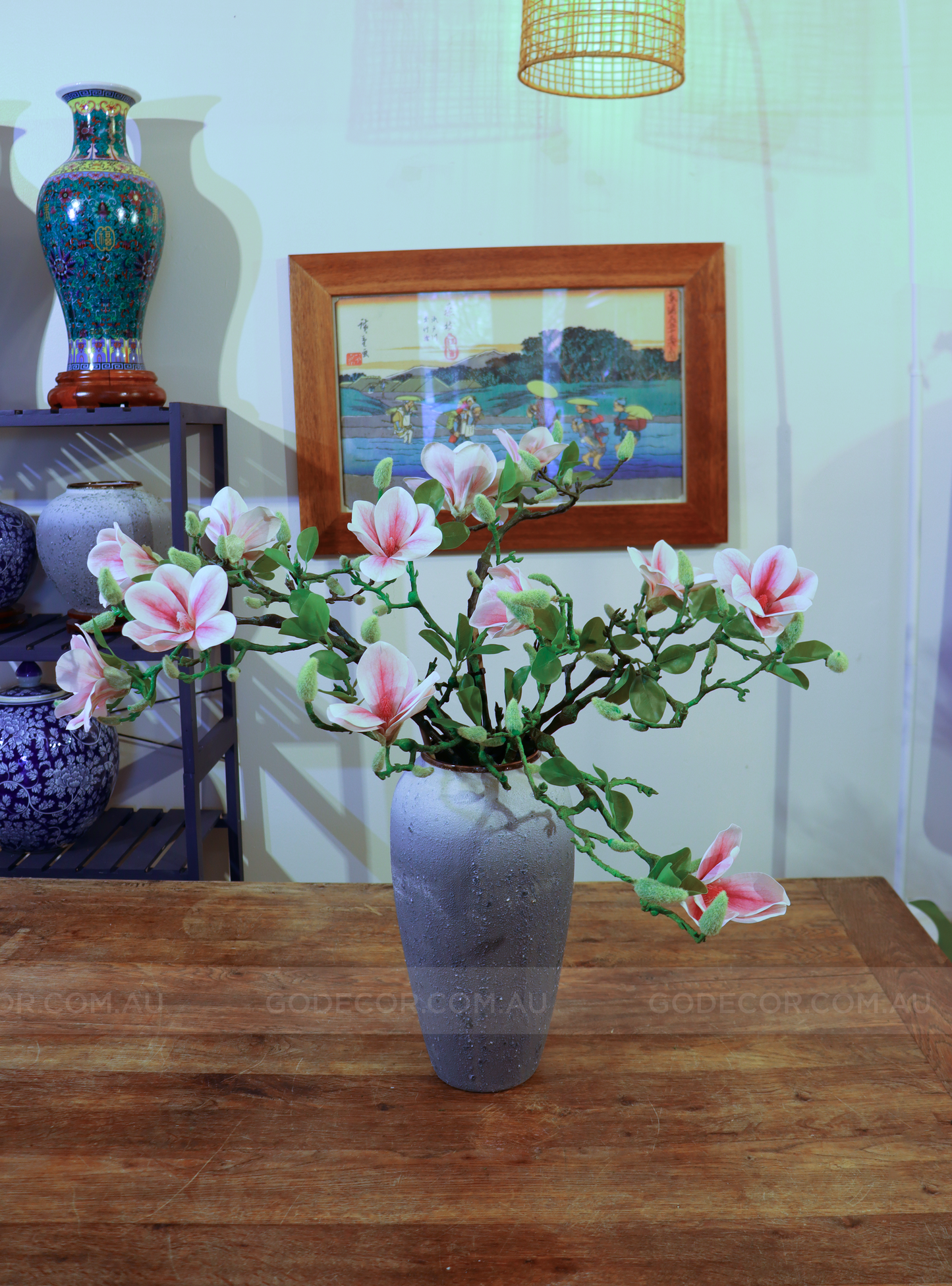 66CM Tall Artificial Flower Arrangement Realistic Magnolia In Grey Ombre Vase (ARBB1)