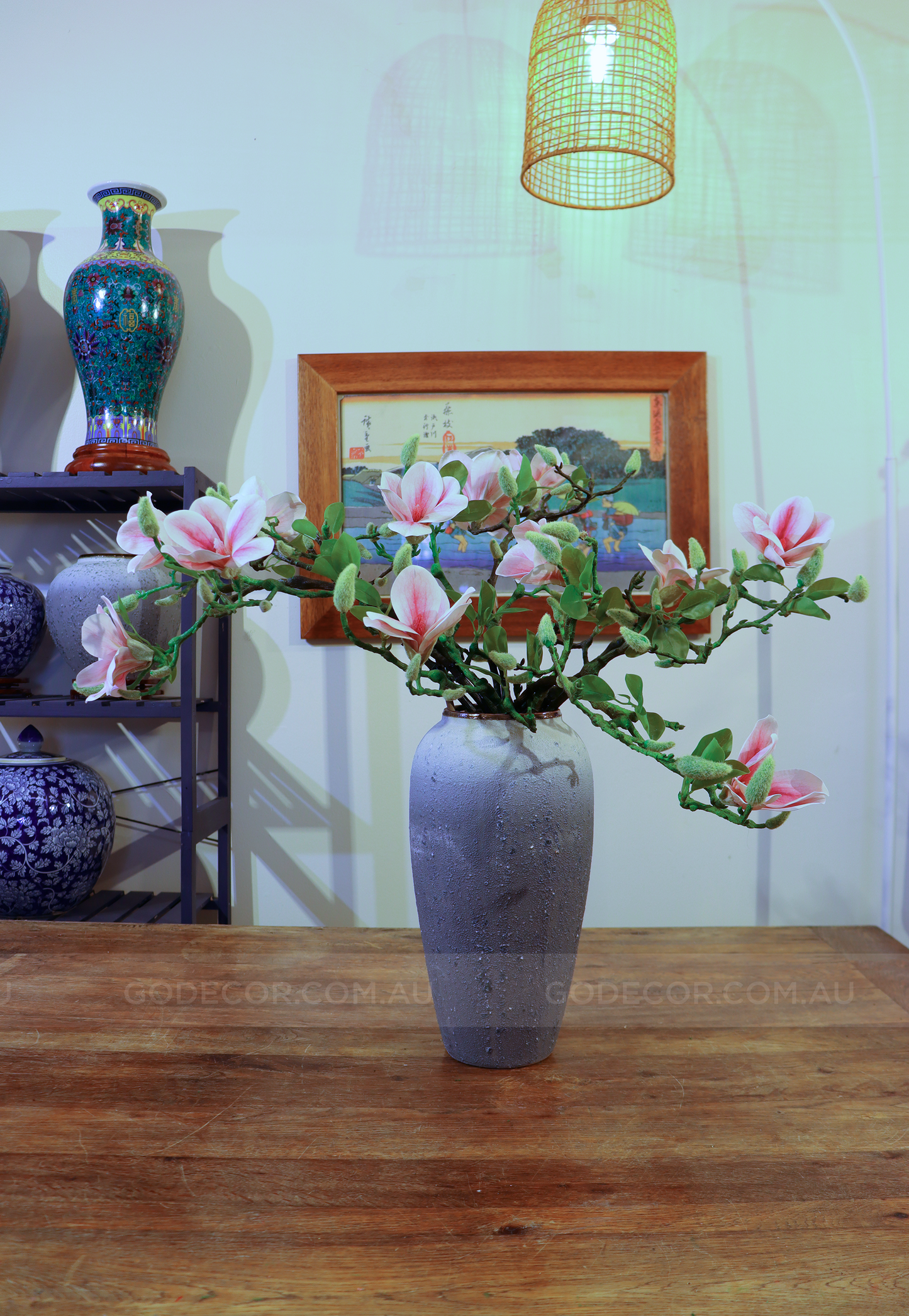 66CM Tall Artificial Flower Arrangement Realistic Magnolia In Grey Ombre Vase (ARBB1)