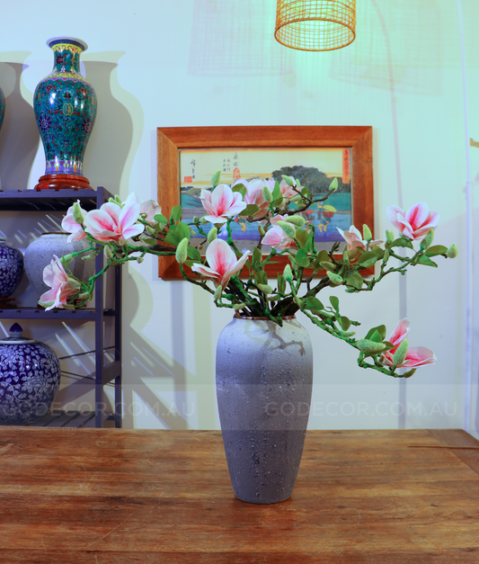 66CM Tall Artificial Flower Arrangement Realistic Magnolia In Grey Ombre Vase (ARBB1)