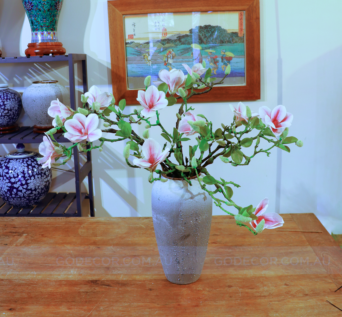 66CM Tall Artificial Flower Arrangement Realistic Magnolia In Grey Ombre Vase (ARBB1)