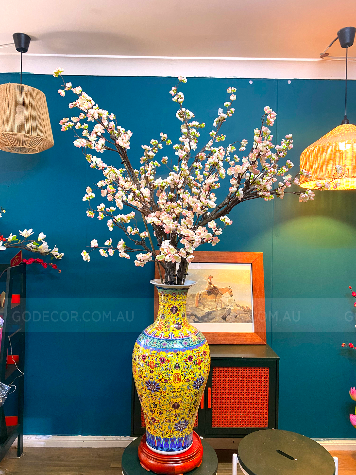 1.6m Tall Artificial Flowers Arrangement Plum Blossom InnChinese Pattern Vase (GV03)