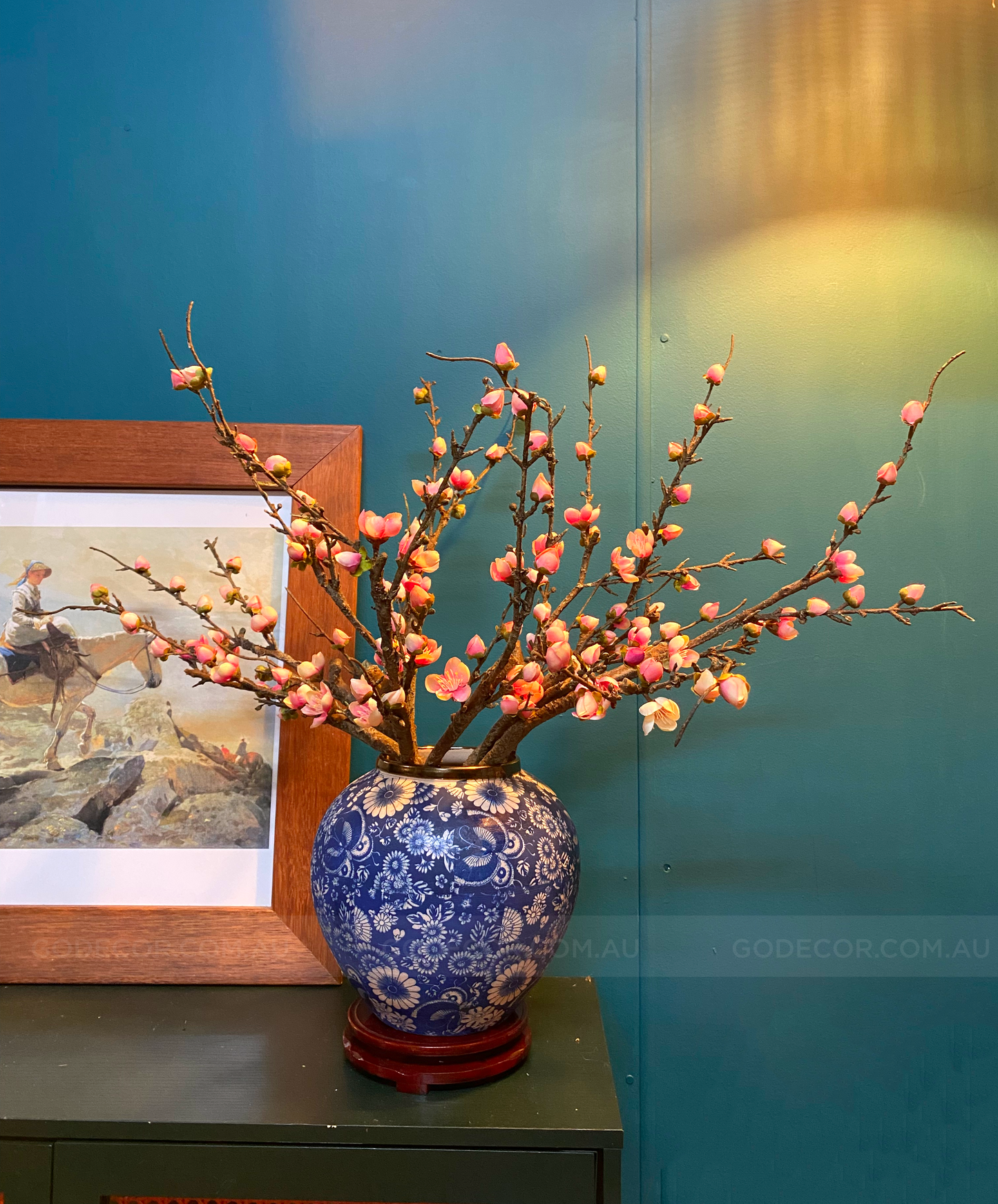 Real Touch Artifical Flower Plum Blossom In Blue and White pattern Vase