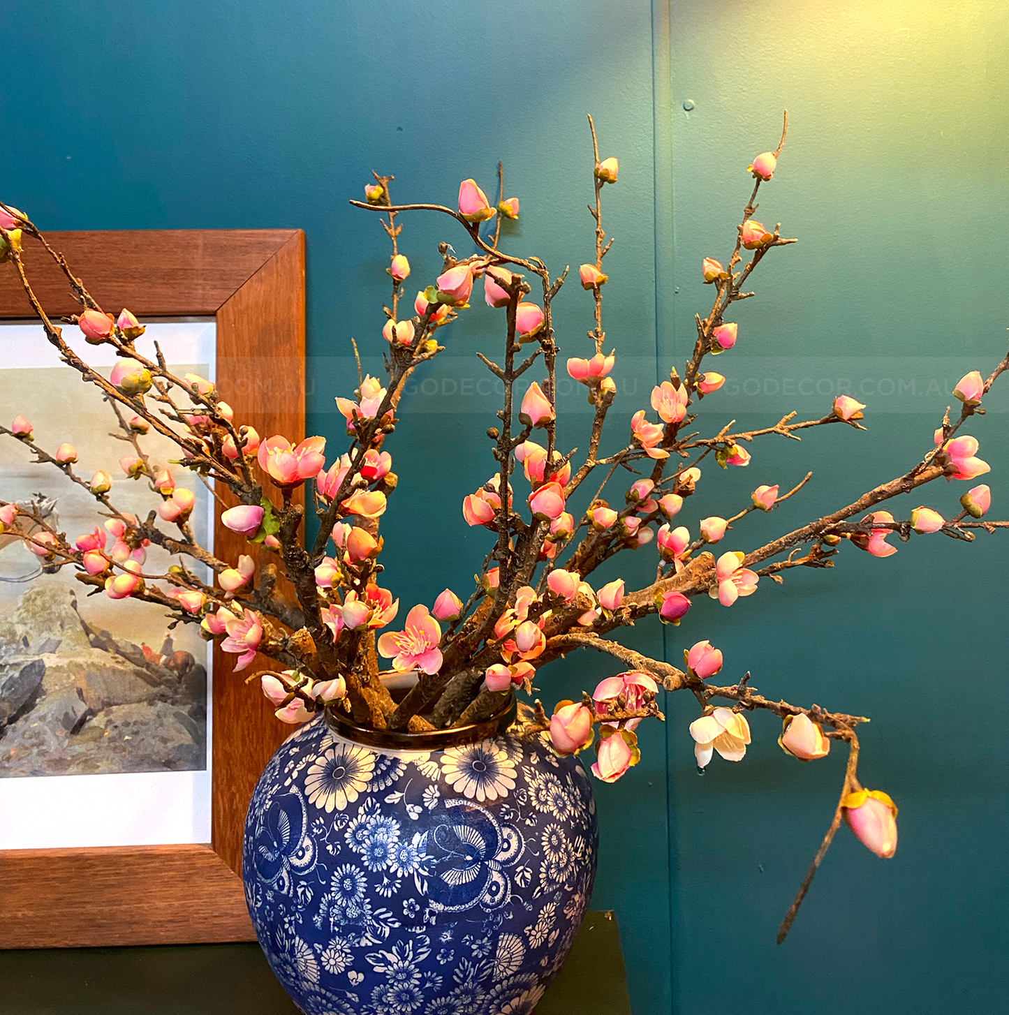 Real Touch Artifical Flower Plum Blossom In Blue and White pattern Vase