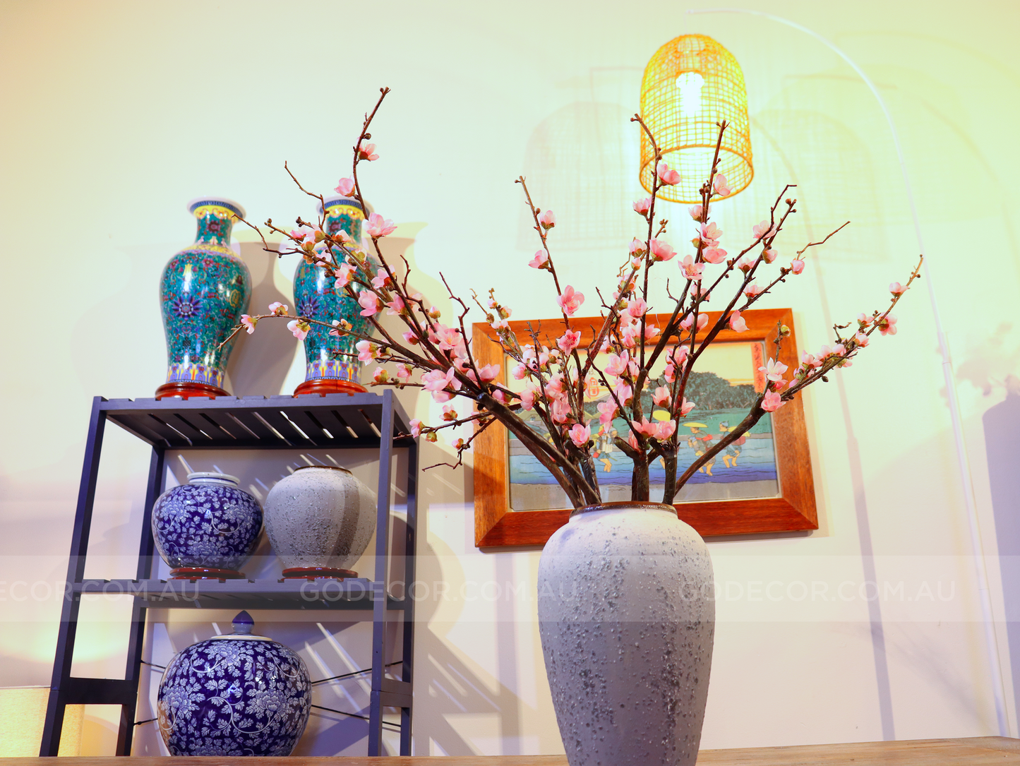75CM Tall Artificial Flowers Arrangement Peach Blossom In Grey Ombre Vase (ARBE1)