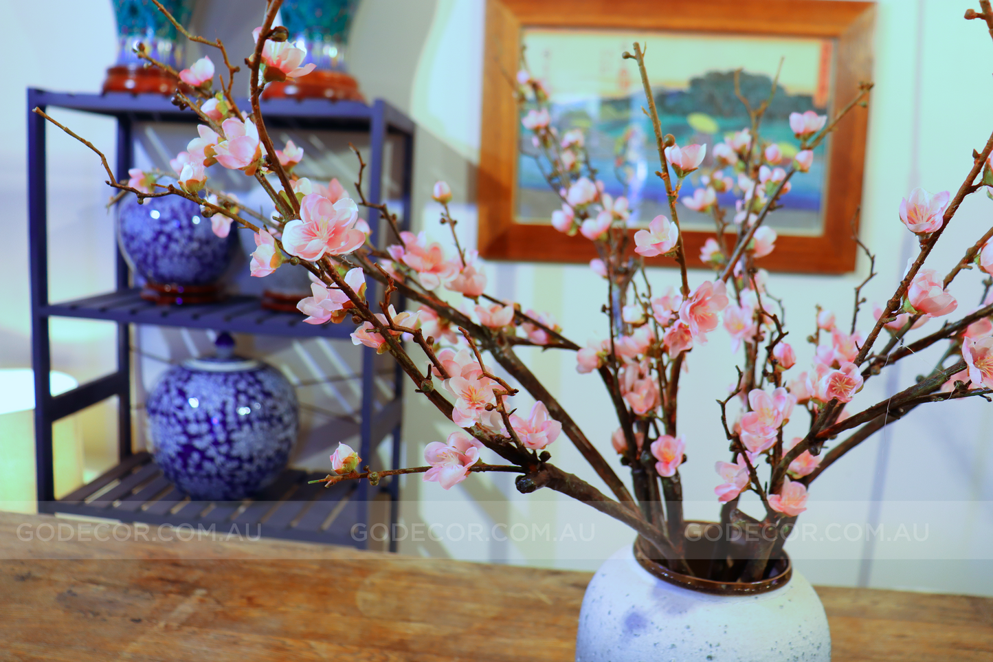 75CM Tall Artificial Flowers Arrangement Peach Blossom In Grey Ombre Vase (ARBE1)