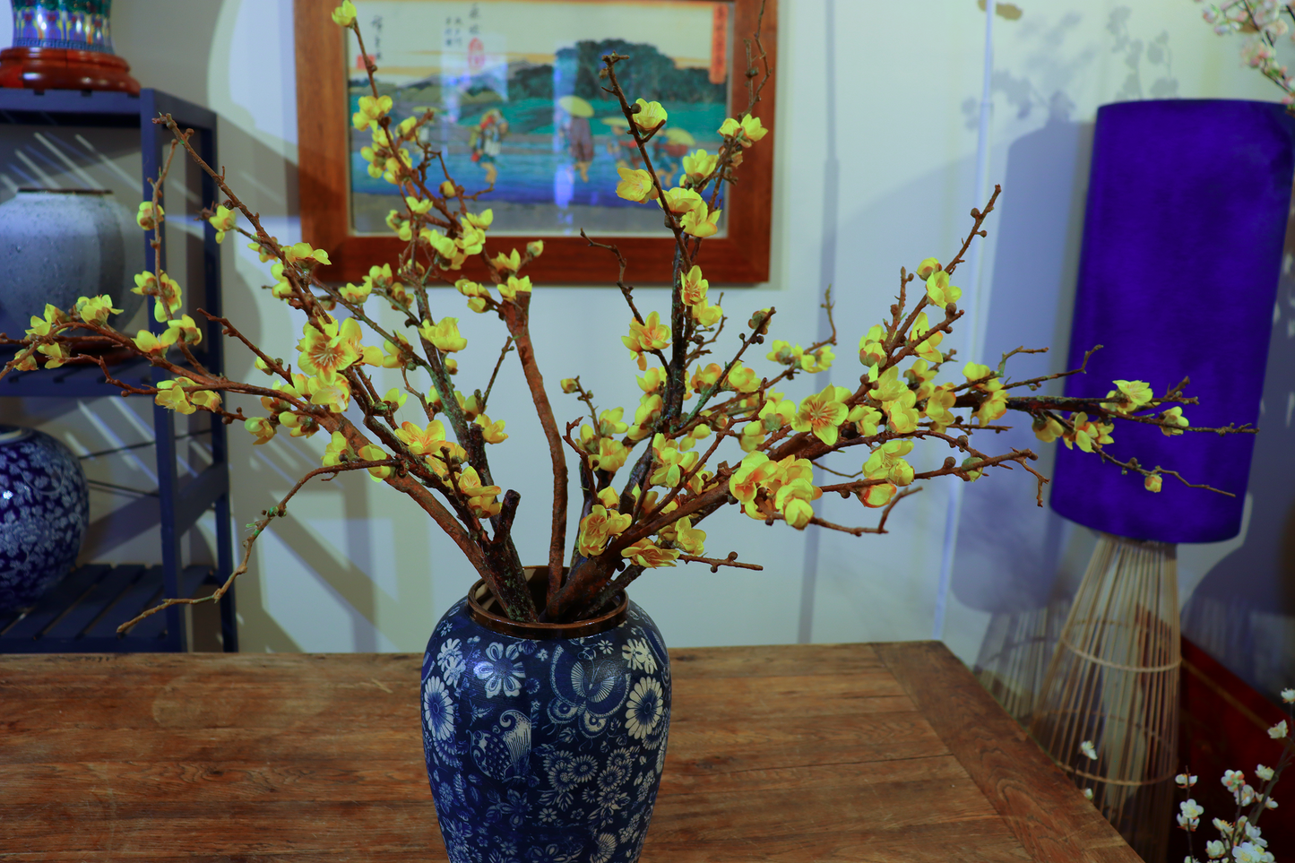 75CM Tall Artificial Flowers Arrangement Yellow Blossom In Blue & White Pattern Vase (ARBF1)