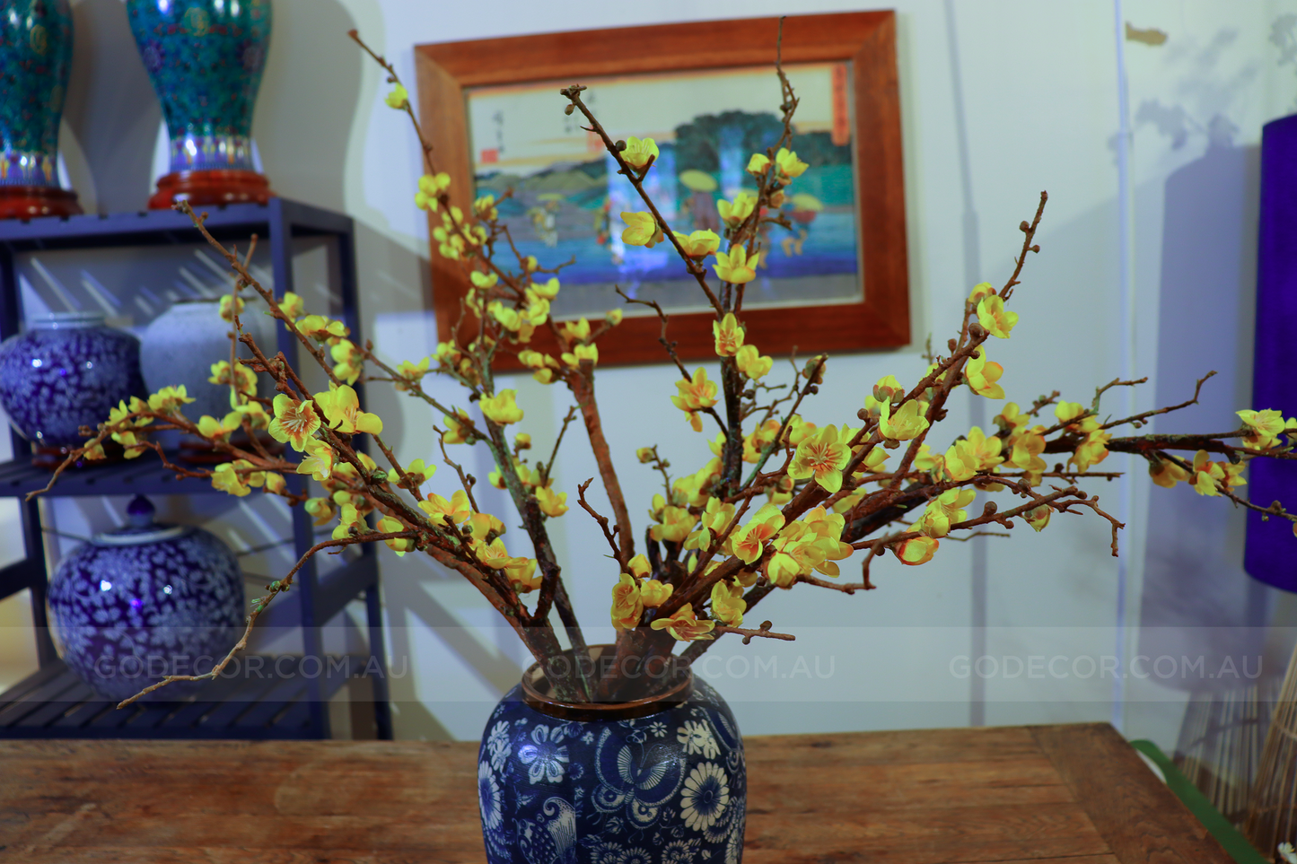 75CM Tall Artificial Flowers Arrangement Yellow Blossom In Blue & White Pattern Vase (ARBF1)