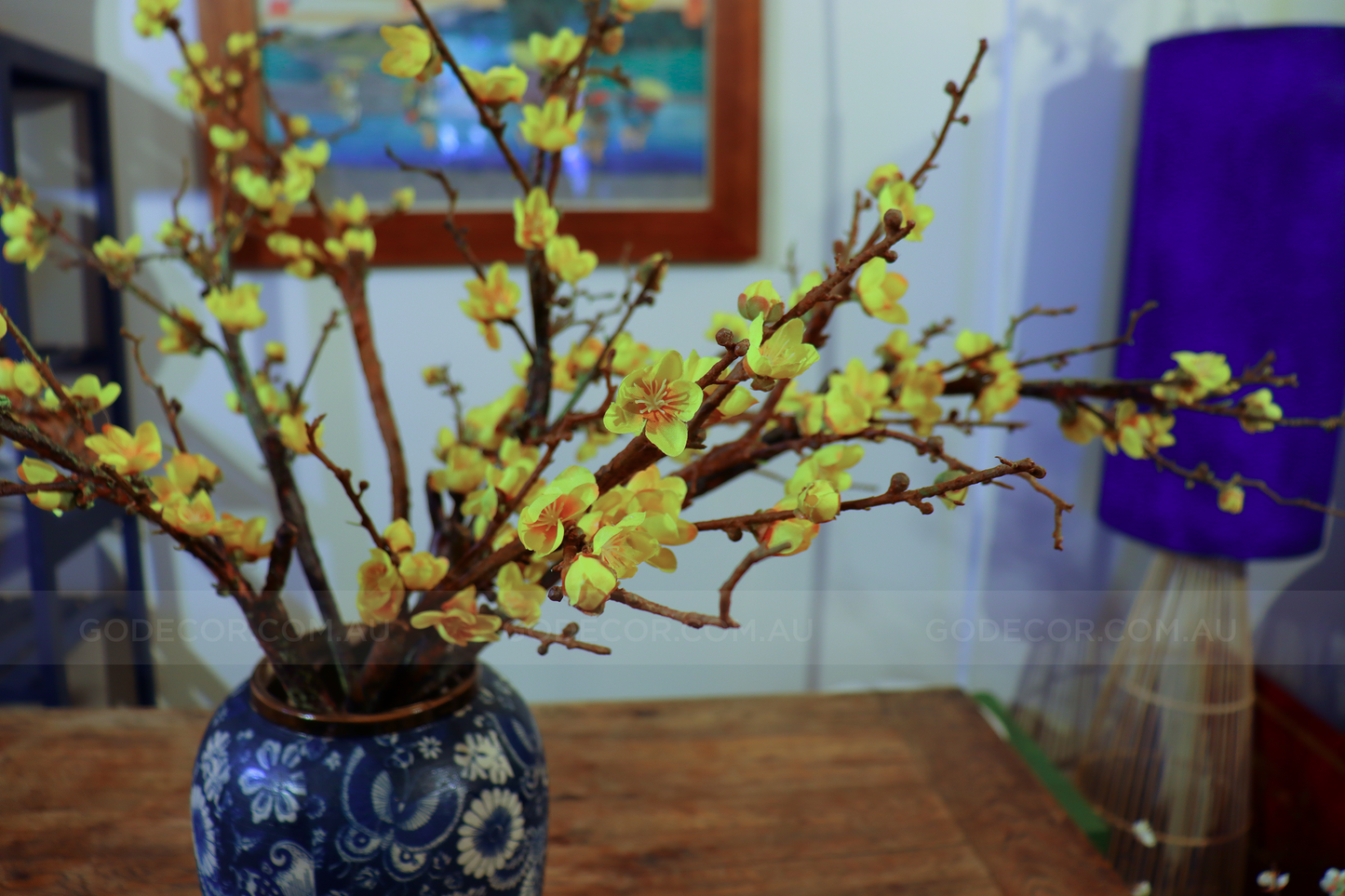 75CM Tall Artificial Flowers Arrangement Yellow Blossom In Blue & White Pattern Vase (ARBF1)