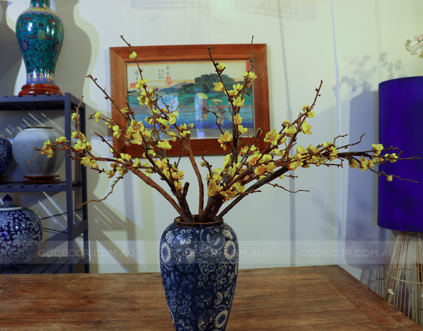 75CM Tall Artificial Flowers Arrangement Yellow Blossom In Blue & White Pattern Vase (ARBF1)