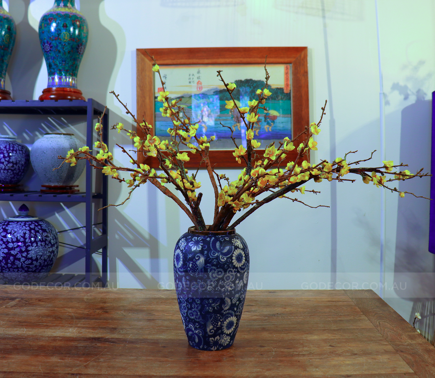 75CM Tall Artificial Flowers Arrangement Yellow Blossom In Blue & White Pattern Vase (ARBF1)