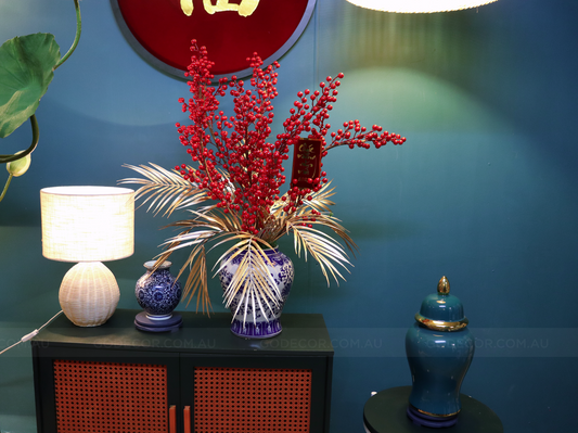 81CM Tall Artificial Flower Arrangement Berry Branches In White & Blue Pattern Ginger Jar(ARBL1)