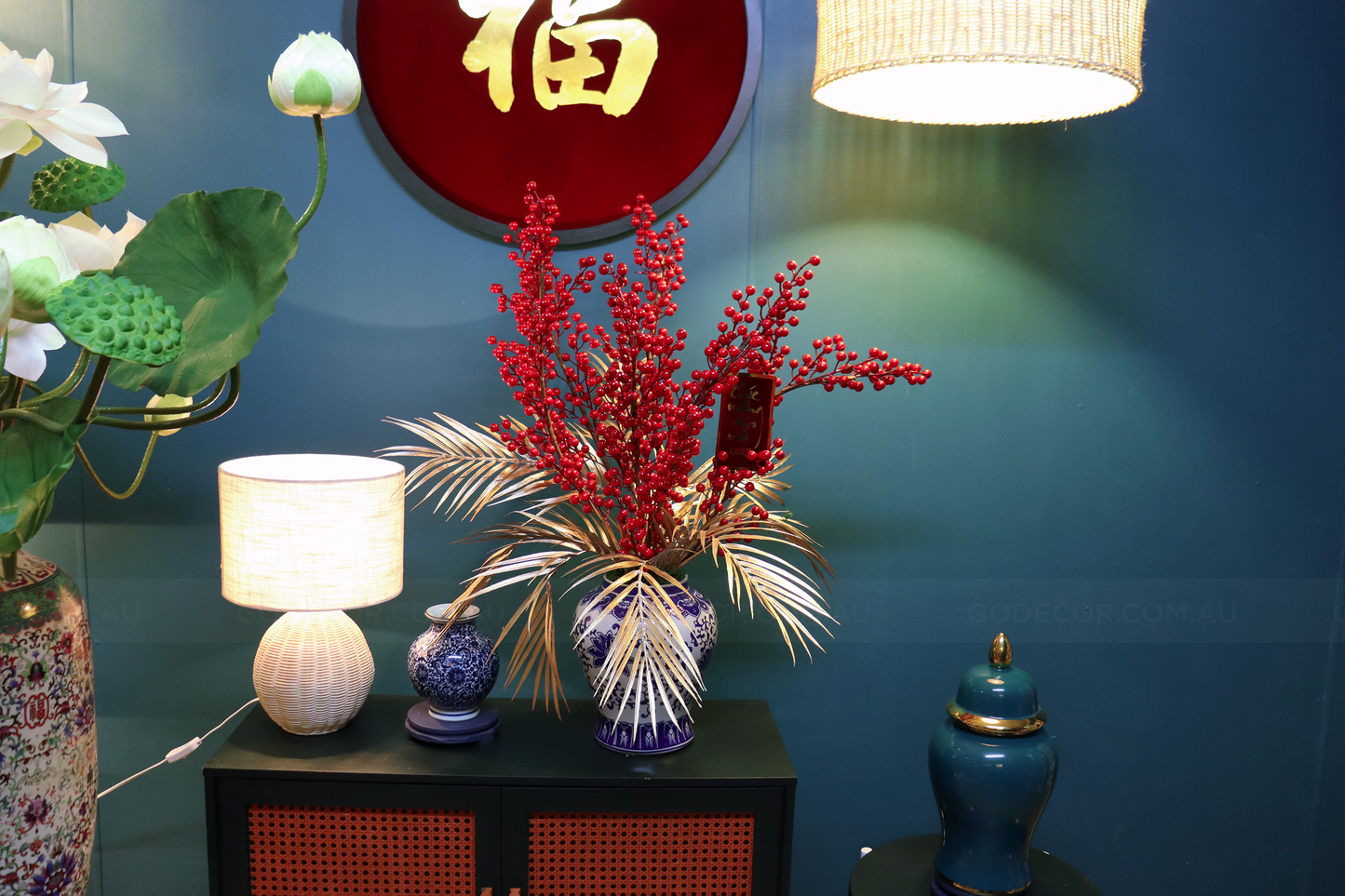 81CM Tall Artificial Flower Arrangement Berry Branches In White & Blue Pattern Ginger Jar(ARBL1)
