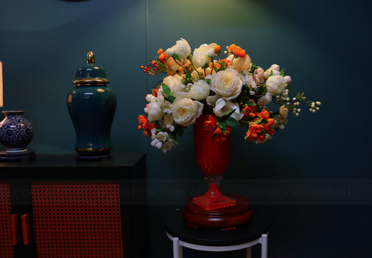 63CM Tall Arrangement Boutique Of Artificial Flower In Orange Glass Vase (ARBS4)