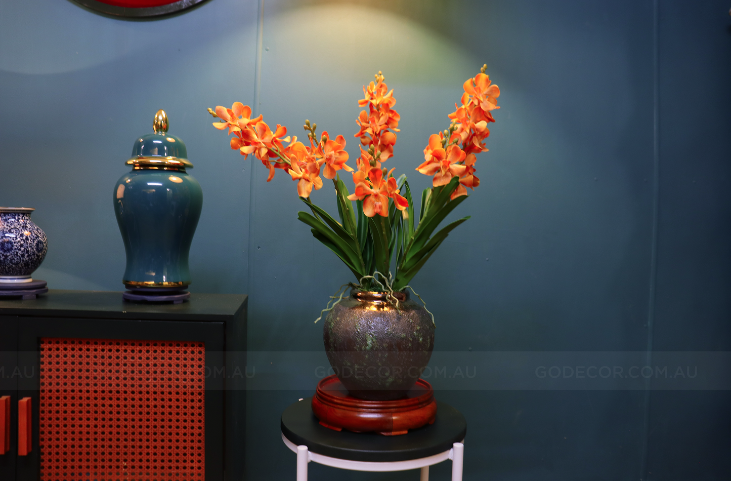 68CM Tall Artificial Flower Arrangement Realistic Orange Mokara Orchids In Short Vase (ARBT1)