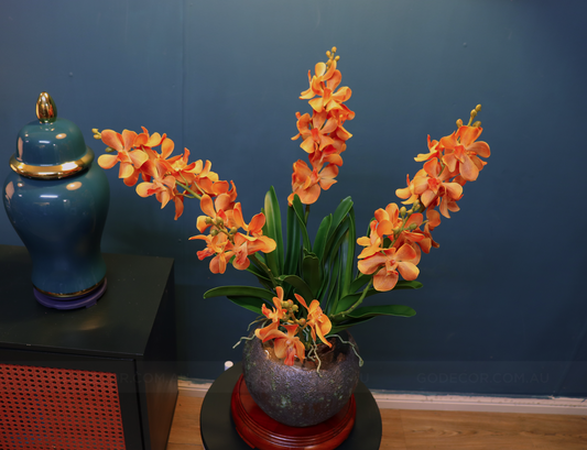 68CM Tall Artificial Flower Arrangement Realistic Orange Mokara Orchids In Short Vase (ARBT1)