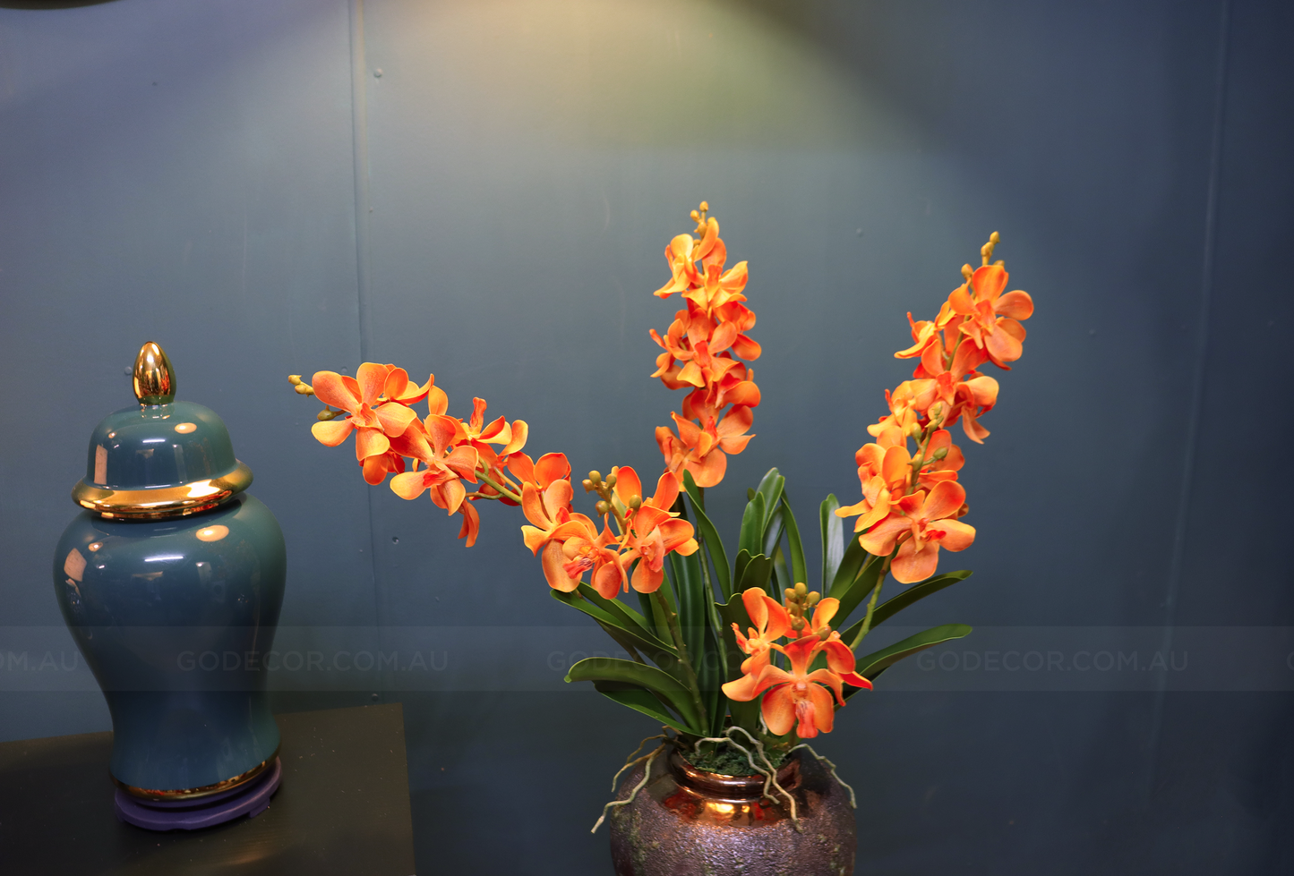 68CM Tall Artificial Flower Arrangement Realistic Orange Mokara Orchids In Short Vase (ARBT1)