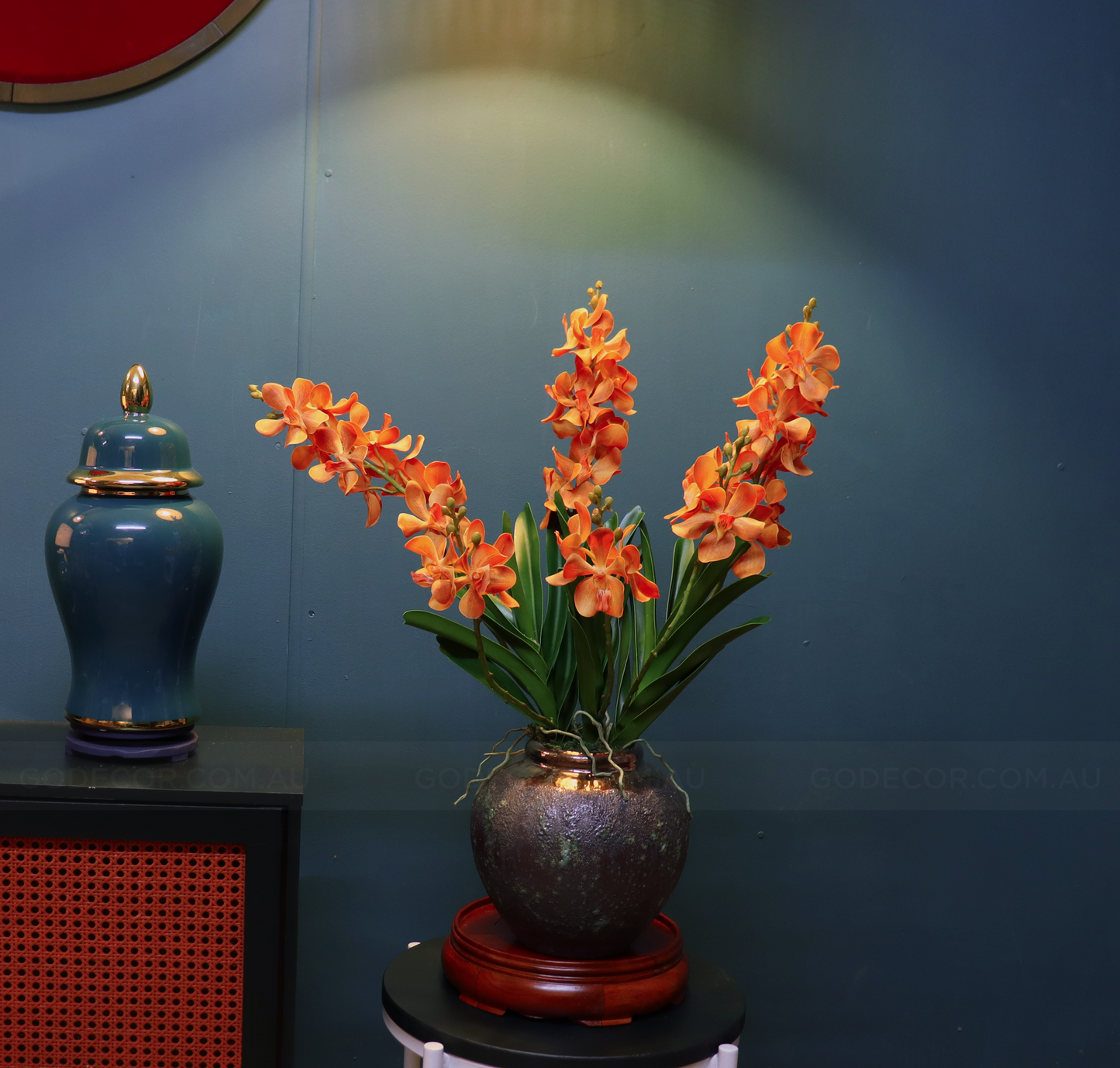 68CM Tall Artificial Flower Arrangement Realistic Orange Mokara Orchids In Short Vase (ARBT1)