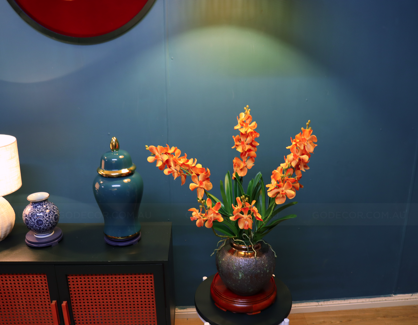 68CM Tall Artificial Flower Arrangement Realistic Orange Mokara Orchids In Short Vase (ARBT1)